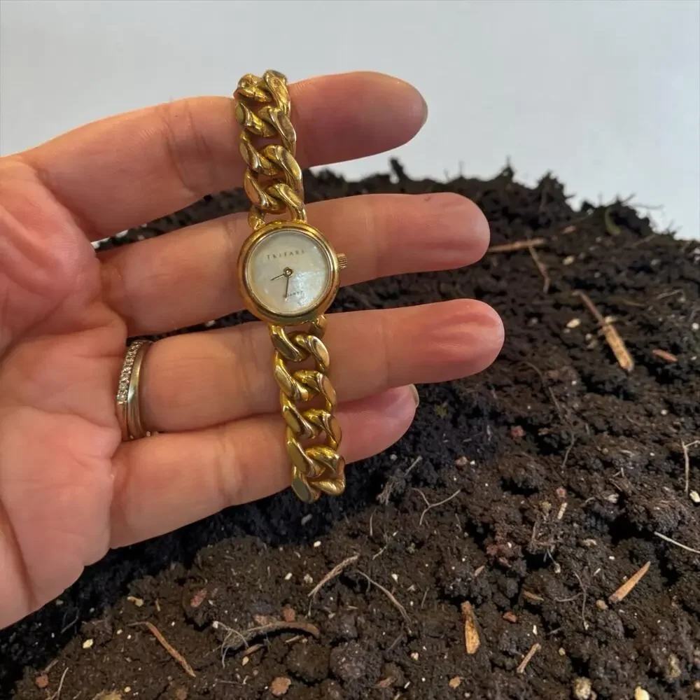 Trifari Gold Chain Bracelet Watch Mother of Pearl Dial 90s Chunky Jewelry Quartz